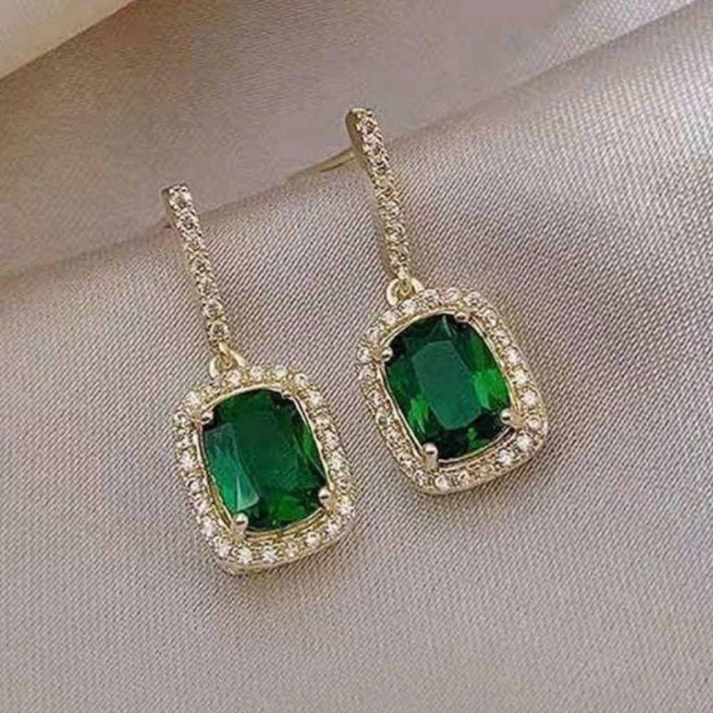 Gold and Green Drop Earrings with Rhinestones - Picture 3 of 6